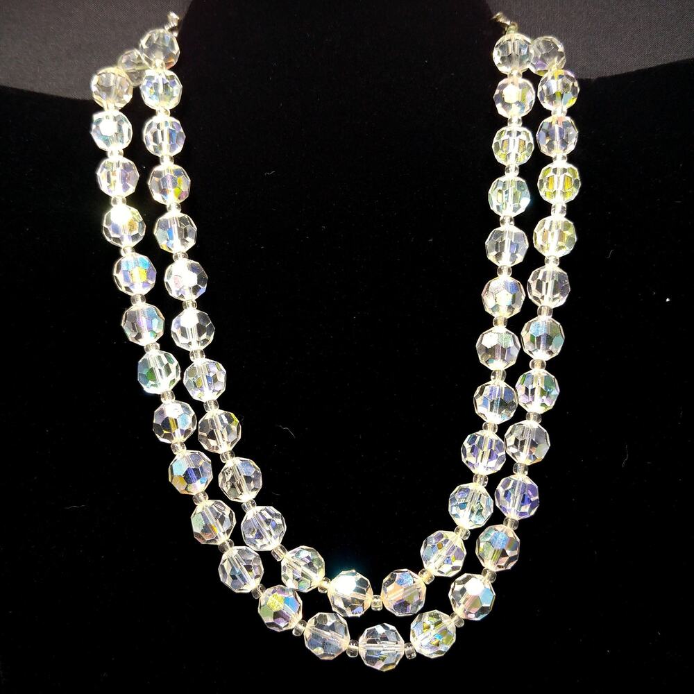Vintage Lisner AB Crystal Double Strand Necklace 1950s Signed